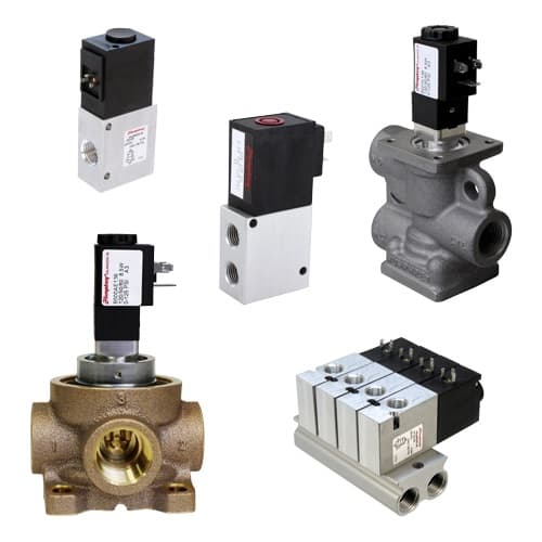 Large 2-way and 3-way Solenoid Operated Valve Assortment of Humphrey large 2-way and 3-way solenoid valves including brass, aluminum, and manifold-mounted styles