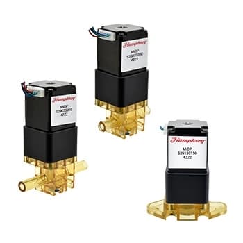 MiDP 390/391 Valves Humphrey MiDP S390/S391 series inert proportional solenoid valves, three sizes shown with black bodies and clear yellow bases.