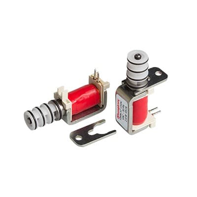 CSV Series Cartridge Solenoid Valves Two Humphrey CVS series miniature solenoid valves with red coils and metal mounting brackets, shown assembled and disassembled.