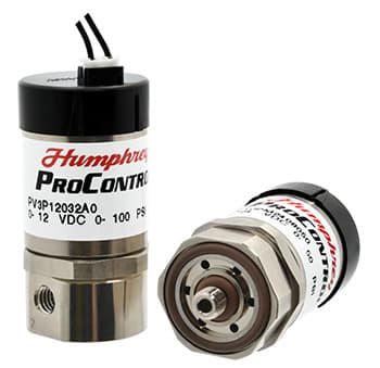 ProControl PV3 and PV10 Valves Humphrey ProControl PV3P proportional valve, compact cylindrical body with wired solenoid top, shown upright and angled views.