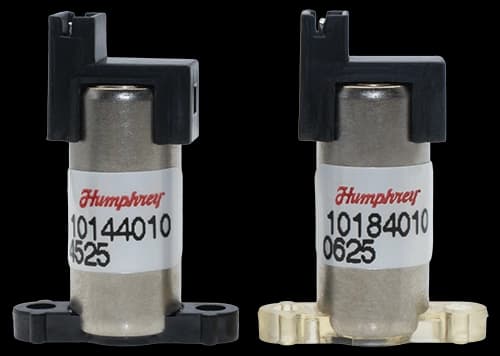 10mm iDP 101 Valves Two Humphrey iDP101 10mm miniature solenoid valves shown side by side, one with black base and one with brass base.